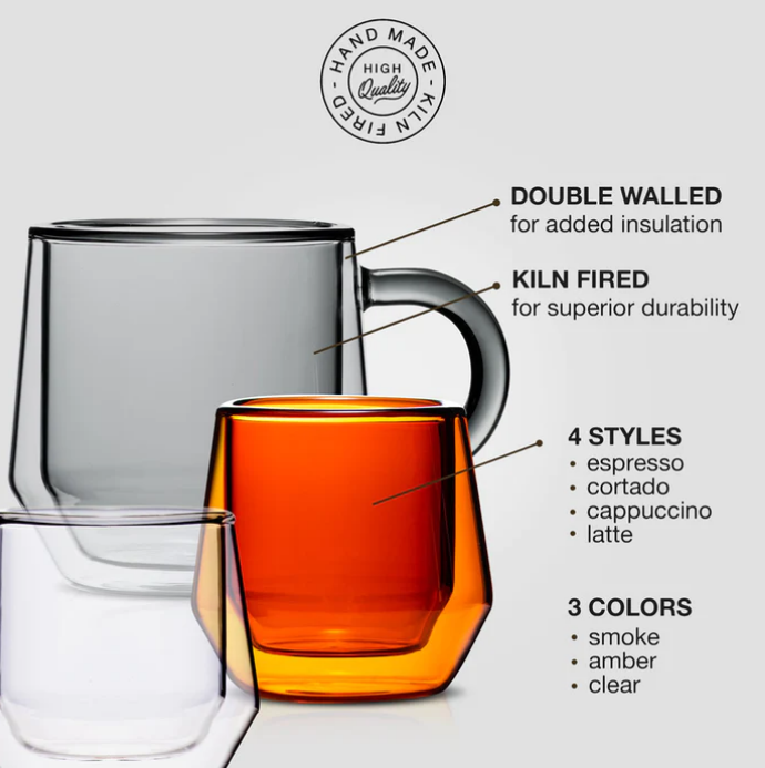 Hearth Double Wall Glass Mug in Smoke (8OZ/240ML) - SET OF 2